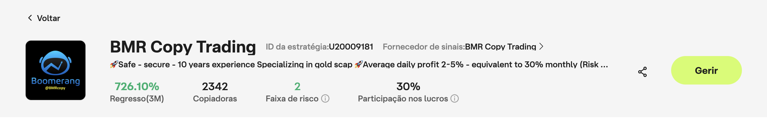 BMR Copy Trading — 726% de retorno em 3 meses, 2342 copiadoras, risco 2